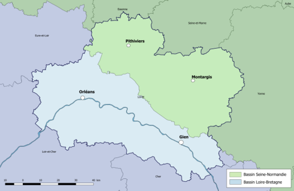 Le Loiret est partagé en deux bassins hydrographiques DCE : Loire-Bretagne et Seine-Normandie.