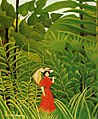 Henri Rousseau: Rot gekleidete Frau im Wald, 1905. Die Frau fällt in der grünen Umgebung stark auf, bleibt aber ohne Verbindung.