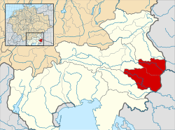 A map of the Mark an der Sann (red) within the Duchy of Carinthia (pale) at the beginning of the 11th century. The March's southern subdivision is Gau Sauna while the northern one is Gau Zistanesfeld. The area on the right bank of the lower Sava, although not highlightened on the map, was also part of the Savinja March.