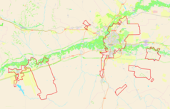 Mapa konturowa Orenburga, po prawej nieco u góry znajduje się punkt z opisem „Stadion Gazowik”