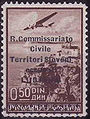 A Yugoslav stamp overprinted R. Commissariato Civile Territori Sloveni occupati Lubiana (Royal Civil Commissariat of the Occupied Slovenian Territories of Ljubljana) for Ljubljana under Italian occupation in 1941