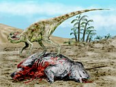 Staurikosaurus pricei, un dinosaure primitif du Trias supérieur du Brésil, se nourrissant d'un dicynodont.