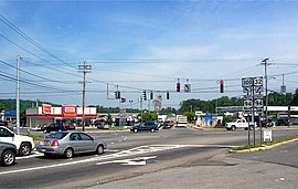 Five-way intersection of Routes 32, 94 and 300 in Vails Gate. Referred to as "Five Corners"