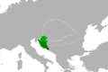 Image 22Medieval Croatia (dark green) south of Gvozd Mountain shown in relation to medieval Slavonia (green) spanning between Sava and Drava rivers. (from History of Croatia)