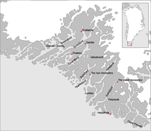 Diese Karte zeigt einige Fjordnamen und rot markierte Orte an der grönländischen Südwestküste.