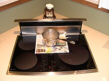 A cooktop with a saucepan of boiling water in it, and a layer of undamaged newspaper beneath