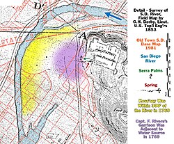 Derby's map of 1853, current Old Town San Diego map, and significant historic 1769 sites. Village of Kosa'aay located at location "A".