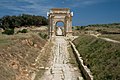 Lo cardo, l'arc de Septimi Sevèri al primièr plan e l'arc de Trajan al fond de la perspectiva