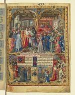 Le cardinal de Bourbon recevant l'ouvrage sur la vie de saint Louis et le remettant à une duchesse de Bourbon en bas, f.3r.