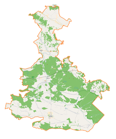 Mapa konturowa powiatu biłgorajskiego, blisko centrum po lewej na dole znajduje się punkt z opisem „Wola Dereźniańska”