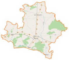 Mapa konturowa powiatu krotoszyńskiego, blisko centrum na dole znajduje się punkt z opisem „Bazylika św. Jana Chrzciciela w Krotoszynie”