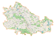 Mapa konturowa powiatu lubartowskiego, u góry nieco na lewo znajduje się punkt z opisem „miejsce bitwy”