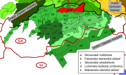 Podtatranská kotlina v rámci Vnitřních Západních Karpat, vyznačena červeně