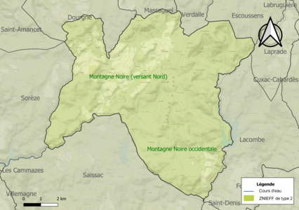 Carte de la ZNIEFF de type 2 sur la commune.