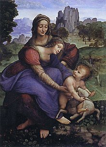 Painting depicting a woman sitting on another woman's lap, her arms outstretched towards a baby playing with lamb.