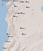Karte von Teilen des heutigen Libanon und Syrien. Das markierte mutmaßlich philistäische Gebiet ist so groß, dass es später in drei unterschiedliche Königreiche zerfallen sollte.