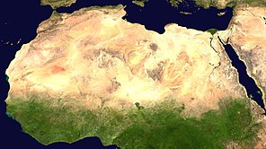 Супутникове зображення пустелі Сахари з космосу (NASA World Wind). Джунглі Конго розташовані південніше.