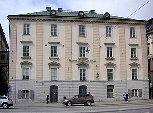 Norra Bankohusets fasad mot Skeppsbron med hörnkedjor i puts, 1772.