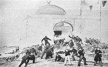 Gravure en noir et blanc, représentant un assaut de soldats occidentaux sur une mosquée.