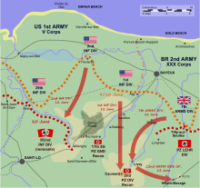 A diagram of the Caumont Gap and the advances made by the Anglo-American forces, as described in the text.