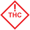 Un símbolo rojo con un signo de exclamación sobre las letras "THC" dentro de un rombo cuadrado.