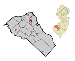 Map of Woodbury Heights highlighted within Gloucester County. Inset: Location of Gloucester County in New Jersey.