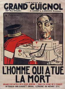 Affiche en couleurs d'une tête décapitée et d'une robe de magistrat posées sur un engin électrique.