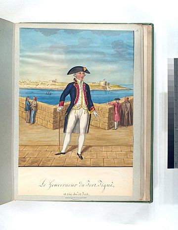 Painting of the Hospitaller Governor of Fort Tigné, with the fort itself in the background