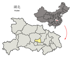 天門市在湖北省、中國的地理位置