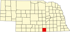 Map of Nebraska with county highlighted: on Kansas border in south central part of state