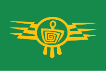 Thunderchild Flag featuring a yellow glyph of a humanoid figure with lightning bolts on left and right sides on a green background.