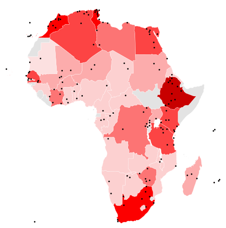 A map of World Heritage Sites in Africa as of 2016. The northern, eastern, and southern parts of the continent are relatively dense with sites ; in contrast the western coast is home to relatively few.