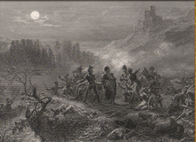 A black and white lithograph of a battle scene in which several men stand on a cliff, looking at a piece of paper. In the intermediate ground, several small boats carry soldiers. In the distance, steep mountains surround a small village on three sides, and a moon shines through the clouds.