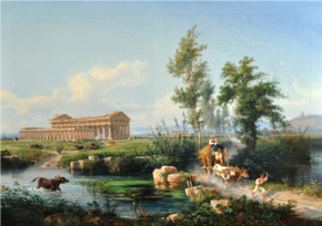 Campagna di Paestum con il tempio di Nettuno e la Basilica. In primo piano una scena di genere in cui un bufalo è intento a caricare un carretto con contadini.
