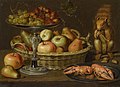 Asetelma. Viinirypäleitä, hedelmäkori, kaksi rapua ja orava, 1612-1615. Koko 34,1 x 46,8 cm.