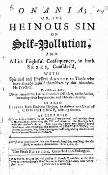 Title page of Onania with the full name and editorial details below. "Onania, or the Heinous Sin of Self-Pollution" is in large writing.