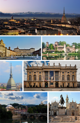 Met de klok mee van boven: Panorama van Turijn, Borgo Medioevale, Palazzo Madama, Piazza San Carlo, Gran Madre en Monte dei Cappuccini aan de rivier de Po, Mole Antonelliana, Koninklijk Paleis.