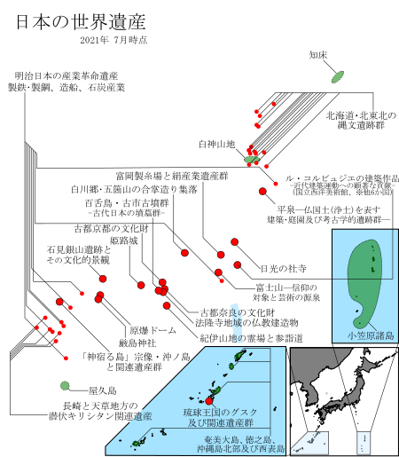 日本の世界遺産位置図（2021年7月時点）