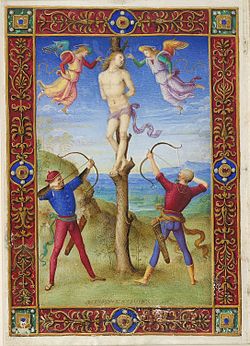 Folio des Heures de Bonaparte Ghislieri : le martyr de saint Sébastien. Miniature attribuée au Pérugin vers 1500. British Library, Yates Thompson 29, f.132v