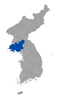 Territorial extent of the Haesŏ region projected onto a map of the current administrative divisions of Korea