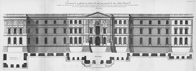 Le Vau's design for the North façade, 1660s, engraved by Jacques-François Blondel in 1756