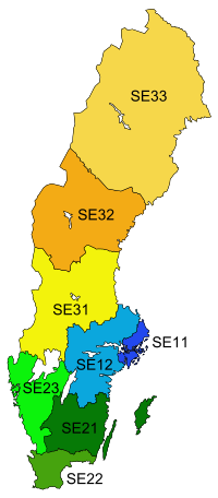 Indelningen av Sverige enligt NUTS 1 och NUTS 2. Vänstra bilden visar NUTS1: SE1 Östra Sverige - blått SE2 Södra Sverige - grönt SE3 Norra Sverige - orange.