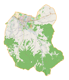 Mapa konturowa gminy Andrychów, u góry nieco na lewo znajduje się punkt z opisem „Andrychów”