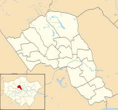 Mapa konturowa gminy Camden, na dole po prawej znajduje się punkt z opisem „Muzeum Brytyjskie”