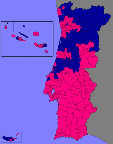 Strongest candidate by municipality: Eanes - magenta; Soares Carneiro - darkblue.