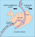 Kart som viser hvordan Atlanterhavsryggen deler Island på midten.