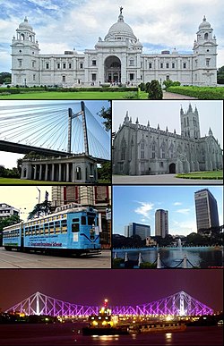 Odshora ve směru hodinových ručiček: Victoriin památník, katedrála sv. Pavla, centrum města, most Háura, kalkatská tramvaj, most Vidyasagar Setu
