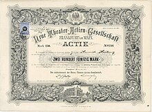 Gründungsaktie der Neuen Theater-AG in Frankfurt a. M. über 250 Mark, ausgegeben im Juli 1877. Die Überlassung von Oper und Schauspielhaus an die Gesellschaft erfolgte aufgrund des mit der Stadt Frankfurt a. M. am 21. Februar 1877 geschlossenen Vertrages, nach sechs Verlängerungen erst 1929 ausgelaufen.