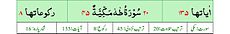 Qurʼon nusxalaridan biridagi Toha surasi sarlavhasi. Yuqorida oʻngdan: 1. Oyati 135, 2. Markazda qizil rangda sura tartib raqami 20, qora rangda - Toha surasi va Makkiy, qizil rangda nozil boʻlgan tartibi - 45, 3. Rukuʼsi soni - 8; Pastda oʻngdan: 1. Sura:Makkiy, 2. Tilovat tartibi:20, 3. Nozil boʻlish tartibi:45, 4. Rukuʼsi:8, 5. Oyati:135, 6. Porasi (Juzi):16 deb koʻrsatilgan.