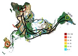 Example of use illustrating early human migrations according to mitochondrial population genetics (numbers are millennia before present)